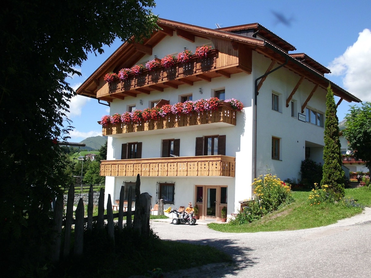 A three-story house features traditional alpine architecture, with wooden balconies adorned with vibrant flowers. The structure is surrounded by lush greenery and a well-maintained path leading to the entrance. The roof has a gentle slope, and nearby trees provide natural shade.