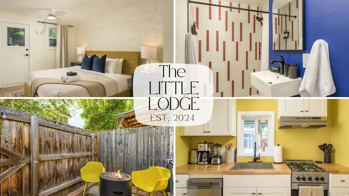 A well-appointed bedroom features a plush king-sized bed, soft linens, and soothing natural light. The modern bathroom includes a sleek shower with a striking red and white tile design. An outdoor patio with yellow chairs surrounds a fire pit. A compact kitchen showcases modern appliances and bright yellow walls.