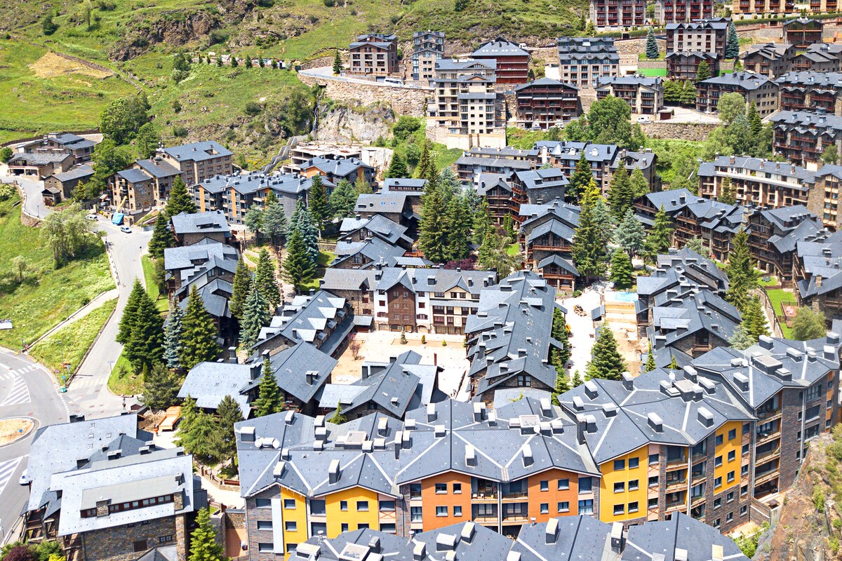 A panoramic view of a scenic mountain village reveals a mix of modern and traditional buildings. Forested areas intersperse with residential structures, showcasing various architectural styles, while the vibrant colors of some buildings add a lively touch to the overall landscape.
