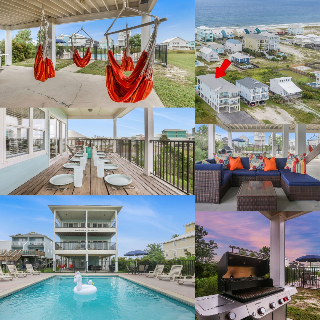 An inviting outdoor space features four woven swings suspended under a covered deck. Brightly colored accent pillows adorn the sectional couch around a spacious table for dining, overlooking the private pool. The well-maintained pool is surrounded by sun loungers, enhancing the space for relaxation and enjoyment.