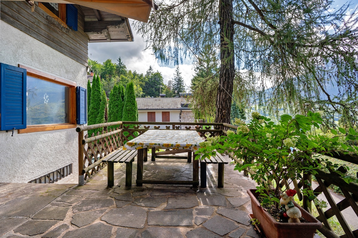 An outdoor terrace is shown, featuring a stone floor and natural wooden furniture. A sizable table with benches is surrounded by potted plants and greenery. The backdrop includes beautiful mountain views, while blue shutters frame a nearby window, adding a touch of local charm.