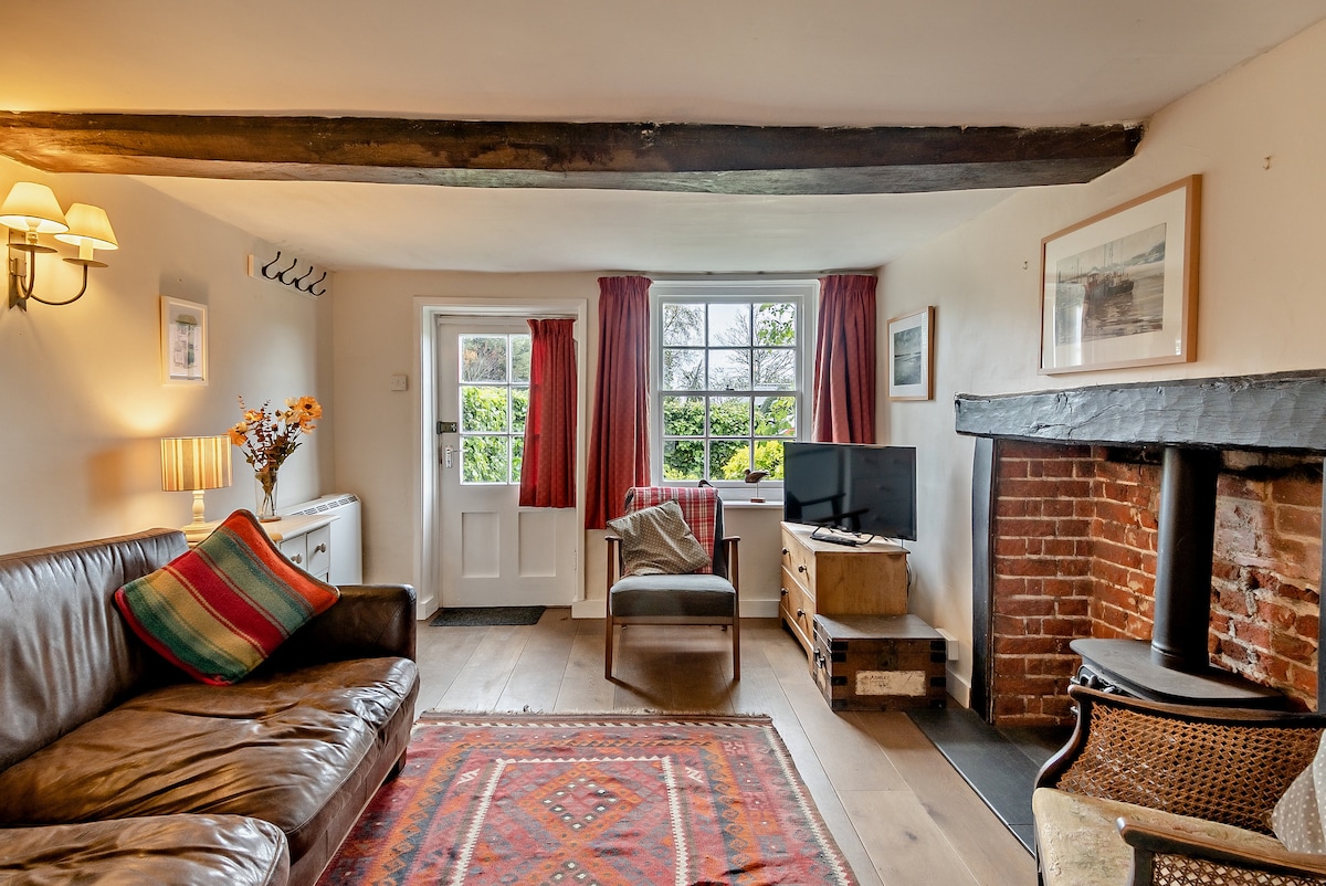 The living space features a comfortable leather sofa adorned with striped cushions. A wooden coffee table rests on a patterned area rug, and a Smart TV is positioned beside a decorative fireplace with an ornamental wood burner. Natural light filters through the red-curtained window, illuminating the room.