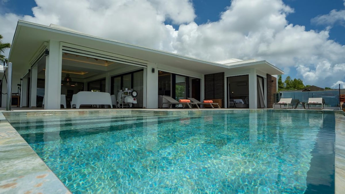 The villa features a modern design with large sliding doors that open to a shimmering pool. Sun loungers are positioned around the water, and clouds can be seen floating above a clear sky, providing a serene backdrop.