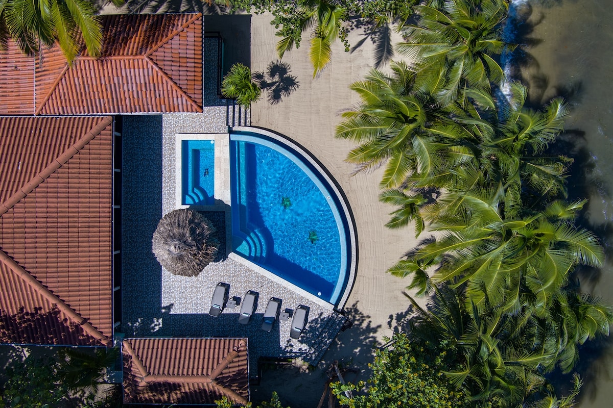 An aerial view of a spacious outdoor area showcases a large, curved swimming pool surrounded by tropical greenery. A shaded palapa is visible near the pool, complemented by sun loungers arranged on the paved deck, providing a relaxing space under the palm trees.