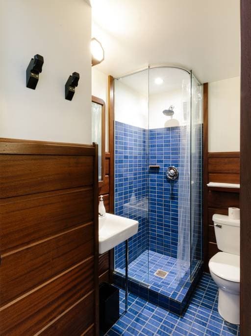 A private bathroom is featured, showcasing blue mosaic tiles and a glass-enclosed shower. A compact sink is situated beside the shower, with a toilet located in the corner. Warm wooden accents are present on the walls, providing a modern and clean design.