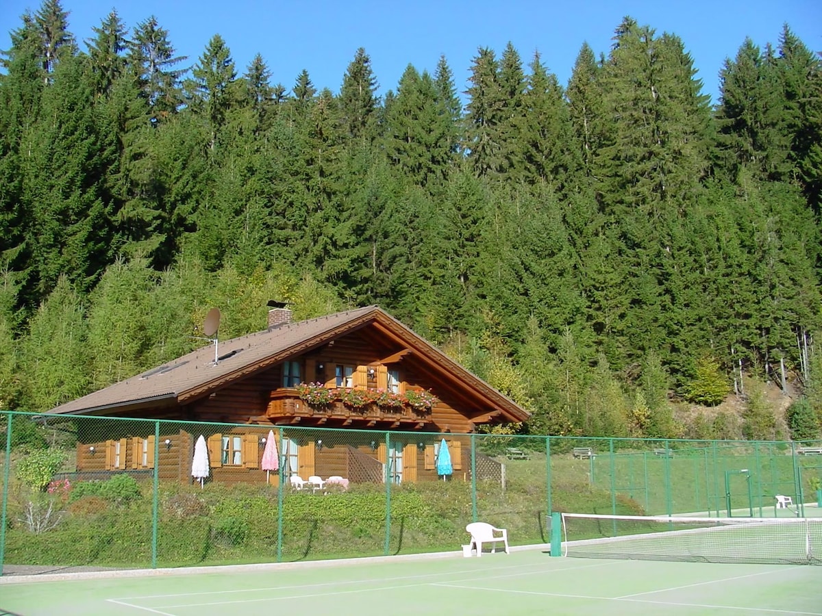 A wooden block house is nestled among tall trees, with a terrace featuring flower boxes under the windows. A well-maintained tennis court is visible in the foreground, framed by a fence. The clear blue sky adds to the peaceful ambiance of the setting.