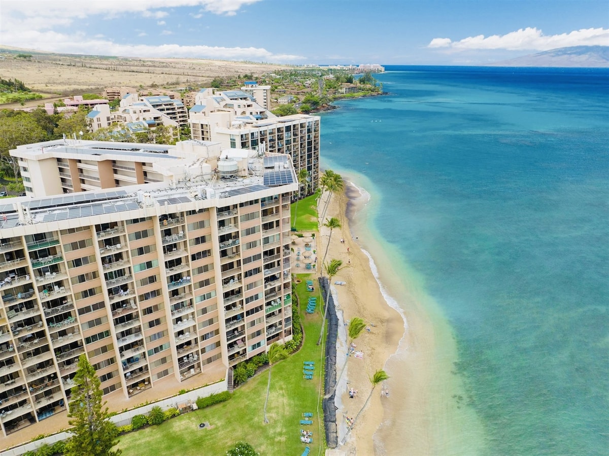 The oceanfront resort displays a multi-level structure with expansive balconies overlooking the beach. Crystal-clear waters gently lap against the shore, while palm trees provide shade along the sandy coastline. A picturesque landscape stretches into the distance, showcasing the vibrant hues of the sea and sky.