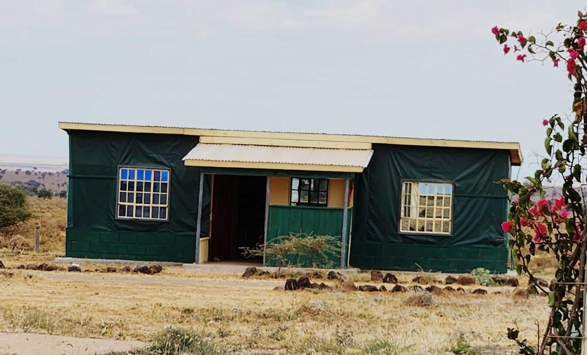 A self-catering tent structure features a green exterior with two large windows and an entrance visible. The setting is characterized by dry, open land with scattered stones and a flowering plant in the foreground, hinting at the surrounding natural landscape.