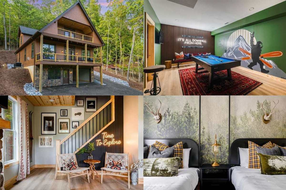 A multi-story cabin is surrounded by lush greenery, displaying large front porches and a rustic charm. The inviting game room is equipped with a pool table and features mountain-themed wall art, providing a fun gathering space. A stylish living area showcases modern decor and cozy seating.