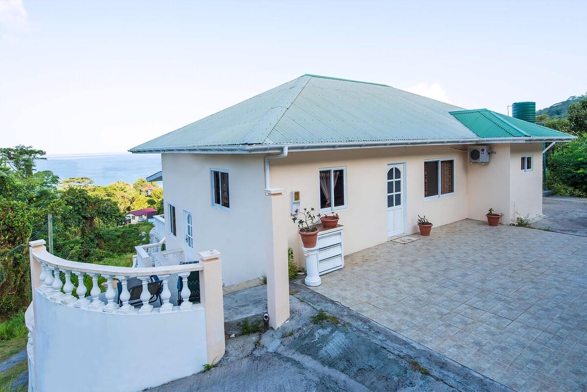 A single-story house is shown from an exterior angle, featuring a green metal roof and beige walls. The front patio is tiled and includes potted plants. A railing decorates one side, providing an unobstructed view towards the distant sea.