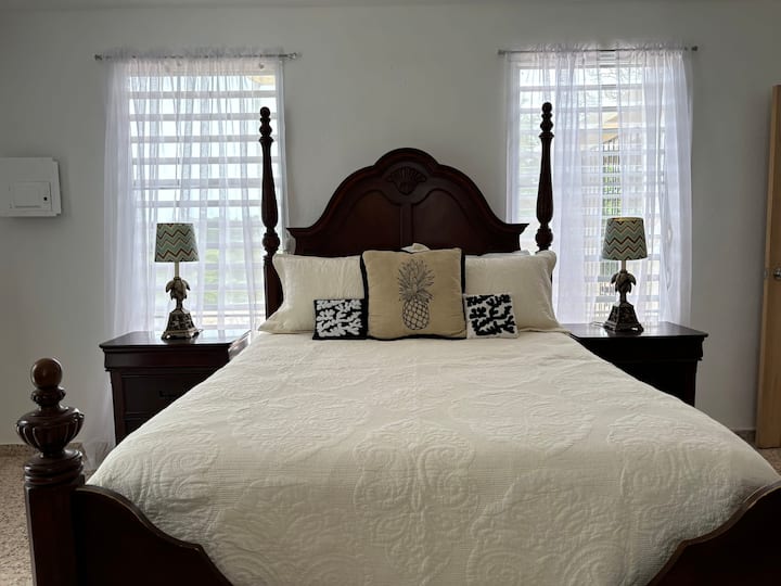 Esta acogedora habitación cuenta con una clásica cama tamaño queen con dosel y encantadoras almohadas con temática de piña, que añaden un toque de encanto tropical.