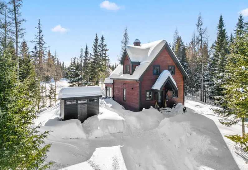 The exterior of the chalet is presented in a snowy landscape, surrounded by tall trees. The structure features a steeply pitched roof and a welcoming front entrance. A garage is visible adjacent to the house, both partially covered by a layer of snow.