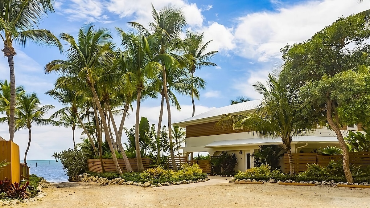 A lush landscape surrounds a modern two-story building, framed by tall palm trees. The entrance is marked by winding pathways, leading to areas of greenery and colorful plants. The proximity to the water is evident in the background, showcasing a serene beachfront view.