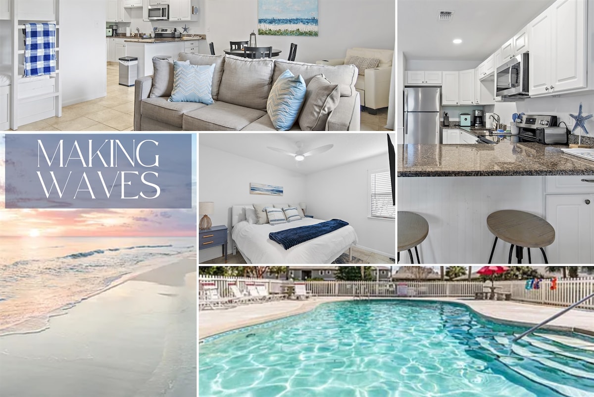 A bright and comfortable living space features a neutral sofa with decorative pillows, complemented by a dining area and a fully equipped kitchen with stainless steel appliances. The cozy bedroom is adorned with soft bedding and artwork. A well-maintained pool offers relaxation opportunities outdoors.