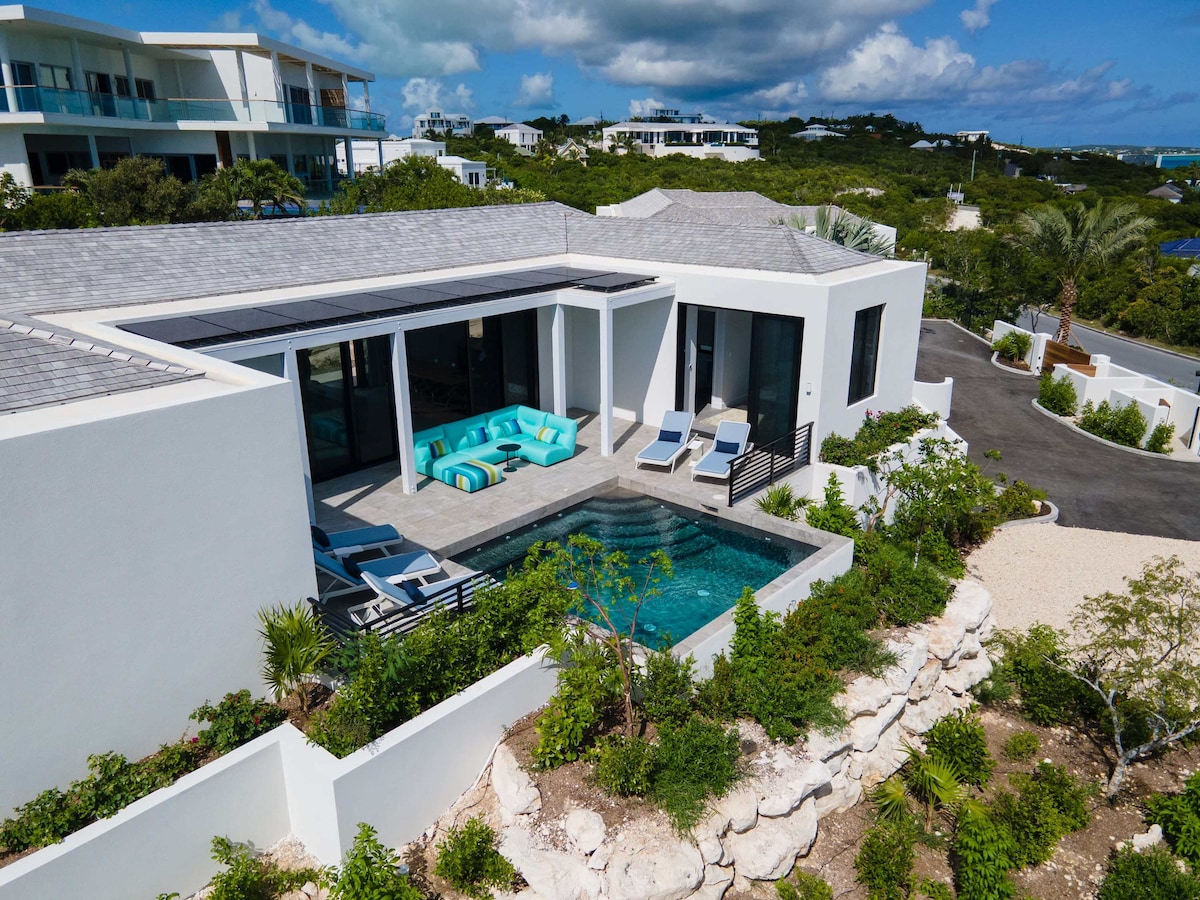 The villa's exterior is highlighted, showcasing a private pool surrounded by lush greenery. Modern lounge chairs are positioned by the poolside, offering a place to relax. The architecture reflects a contemporary style with large glass doors providing views of the inviting outdoor spaces.