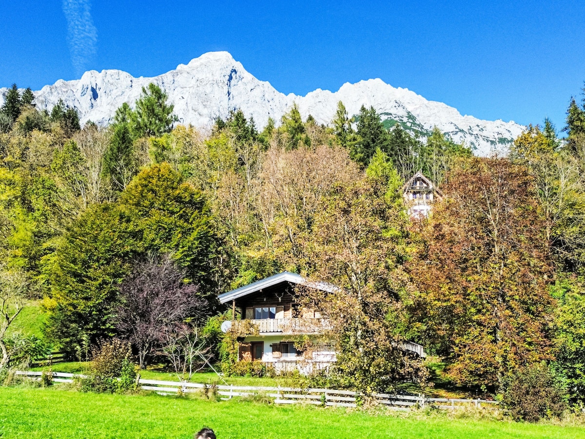The house is situated amidst a scenic landscape, surrounded by lush greenery and trees. Snow-capped mountains rise in the background under a clear blue sky, creating a serene and inviting atmosphere.