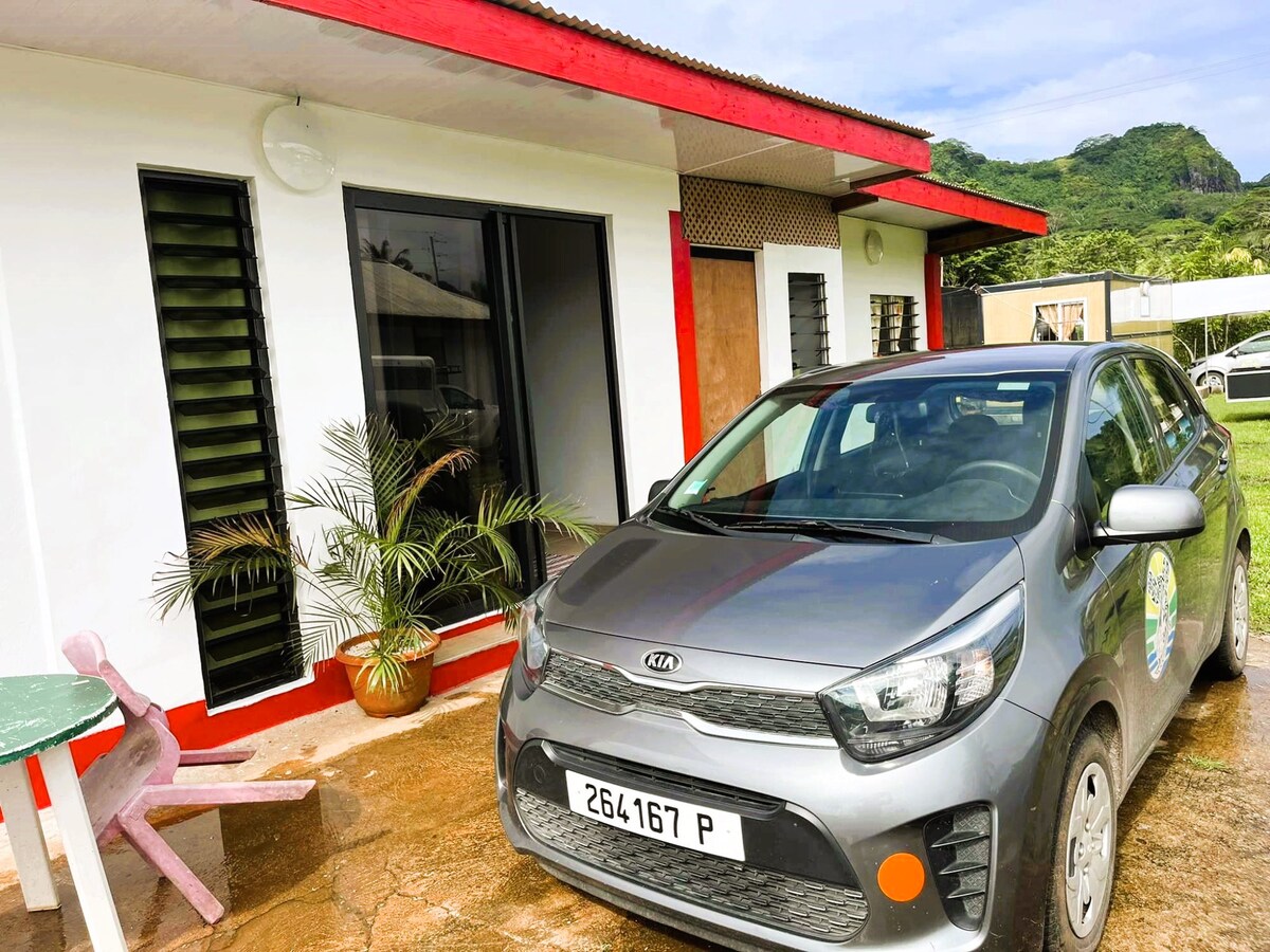 A modern gray car is parked in front of a single-story accommodation with red accents. The exterior features large glass windows and green shutters, with a lush greenery backdrop that enhances the inviting atmosphere.