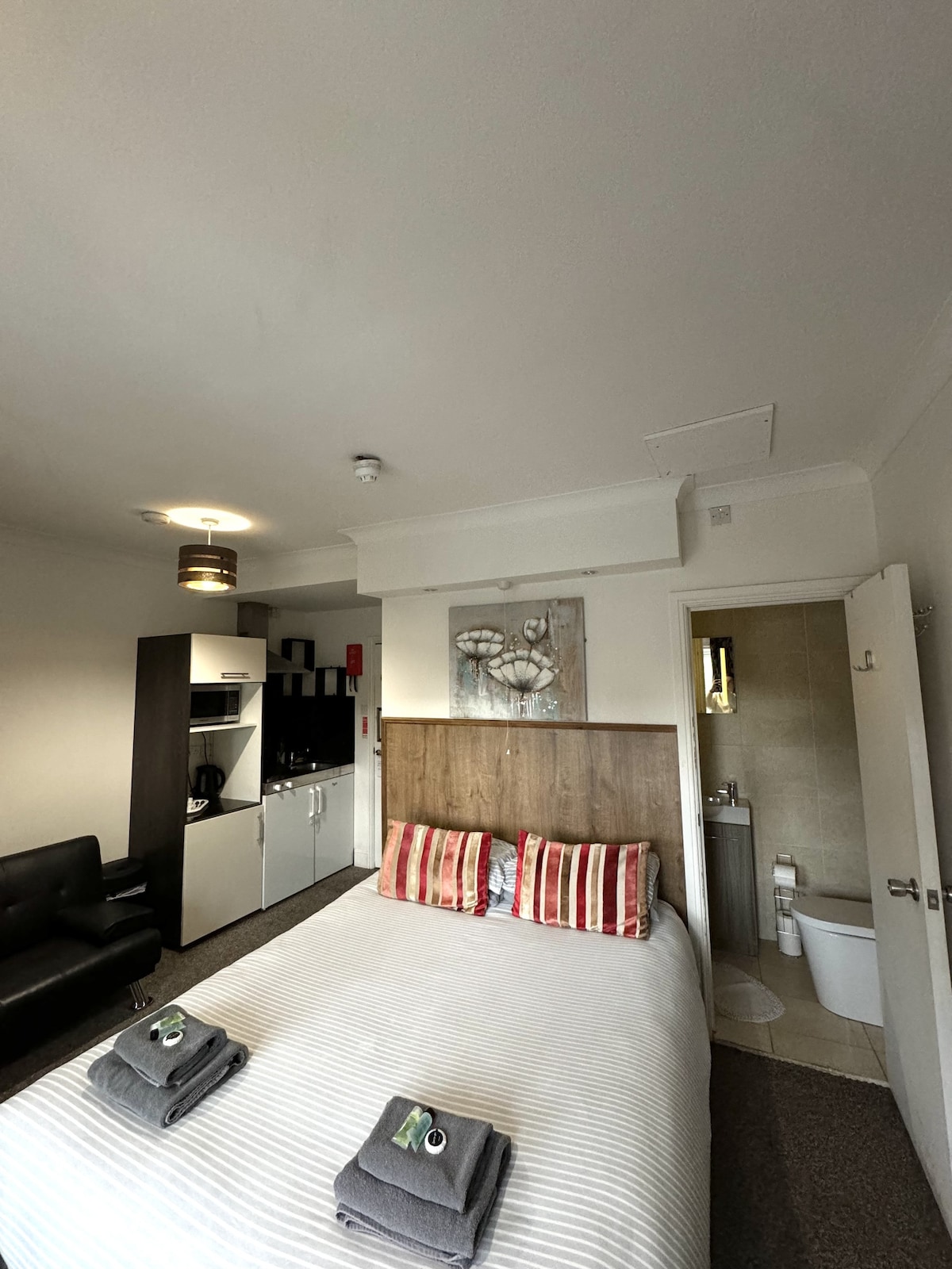 A comfortable room features a spacious bed with striped bedding and two accent pillows. A kitchenette area with cooking facilities is visible, along with a seating area. A door leads to an en-suite bathroom, and artwork adorns the wall above the bed.