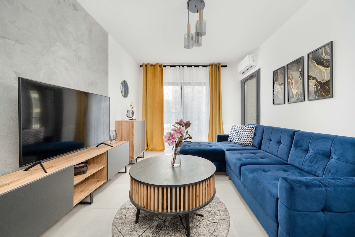 The living room features a blue sectional sofa, a round coffee table, and a flat-screen SmartTV. Large windows are dressed with light curtains, allowing natural light to fill the space. Abstract wall art is displayed above the cabinet, enhancing the modern aesthetic.