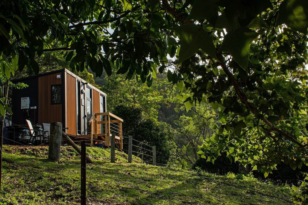 A tiny home is nestled amongst lush greenery, surrounded by trees with vibrant leaves. A wooden deck with steps leads to the entrance, which is flanked by outdoor seating. The natural landscape offers a serene backdrop, enhancing the peaceful atmosphere of the retreat.