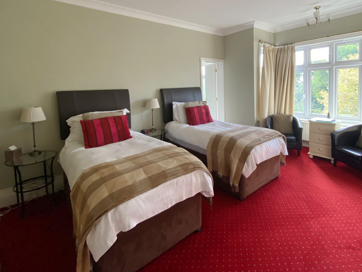 A bright and spacious guest room is furnished with two neatly made beds featuring plush headboards. Soft red carpets cover the floor. A cozy armchair and a small side table are positioned by the window, which is dressed with light curtains that allow natural light to fill the room.