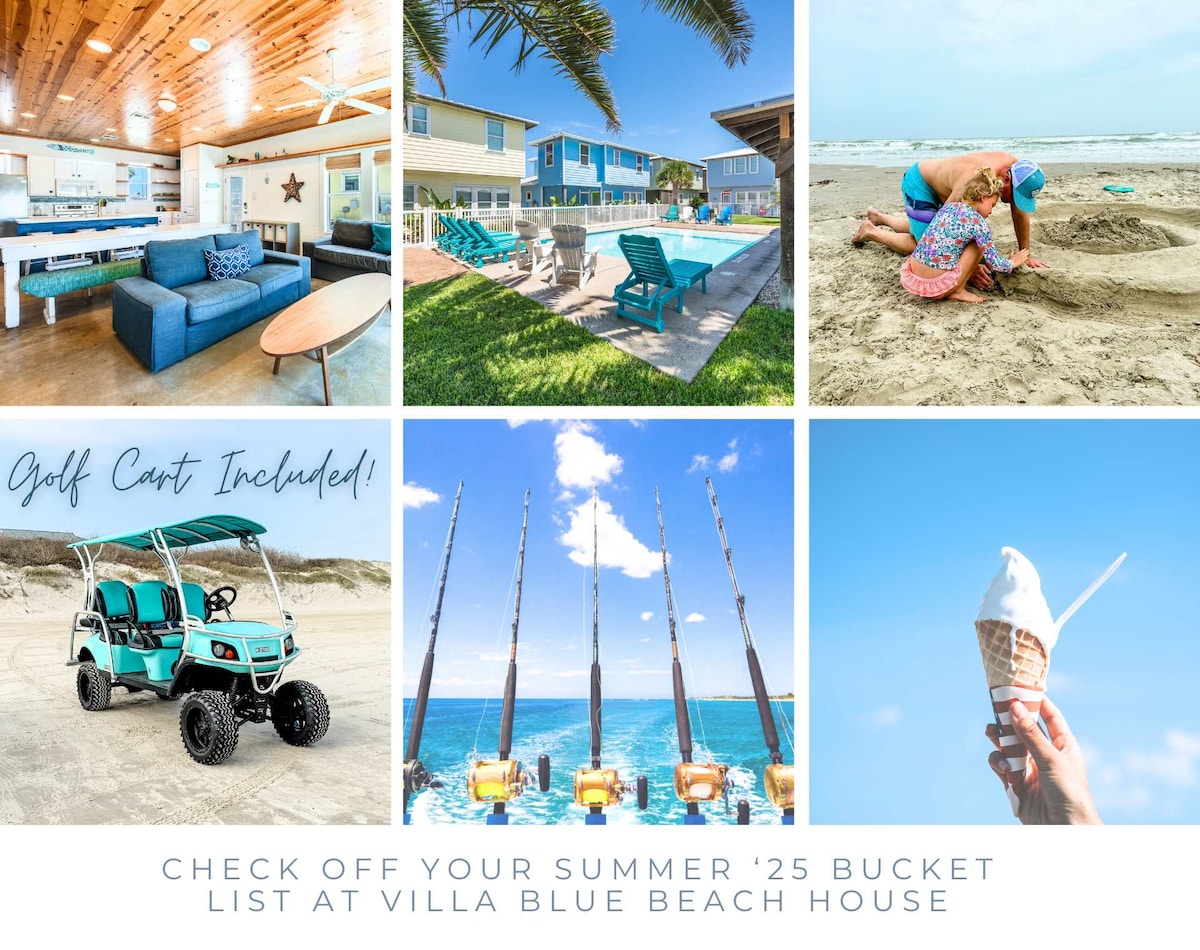 A collage features various scenes related to Villa Blue, including a spacious living area with comfortable seating, a backyard with poolside loungers, a beach scene with children playing in the sand, a golf cart parked for convenience, vibrant blue waters lined with fishing rods, and a close-up of a delicious ice cream cone.