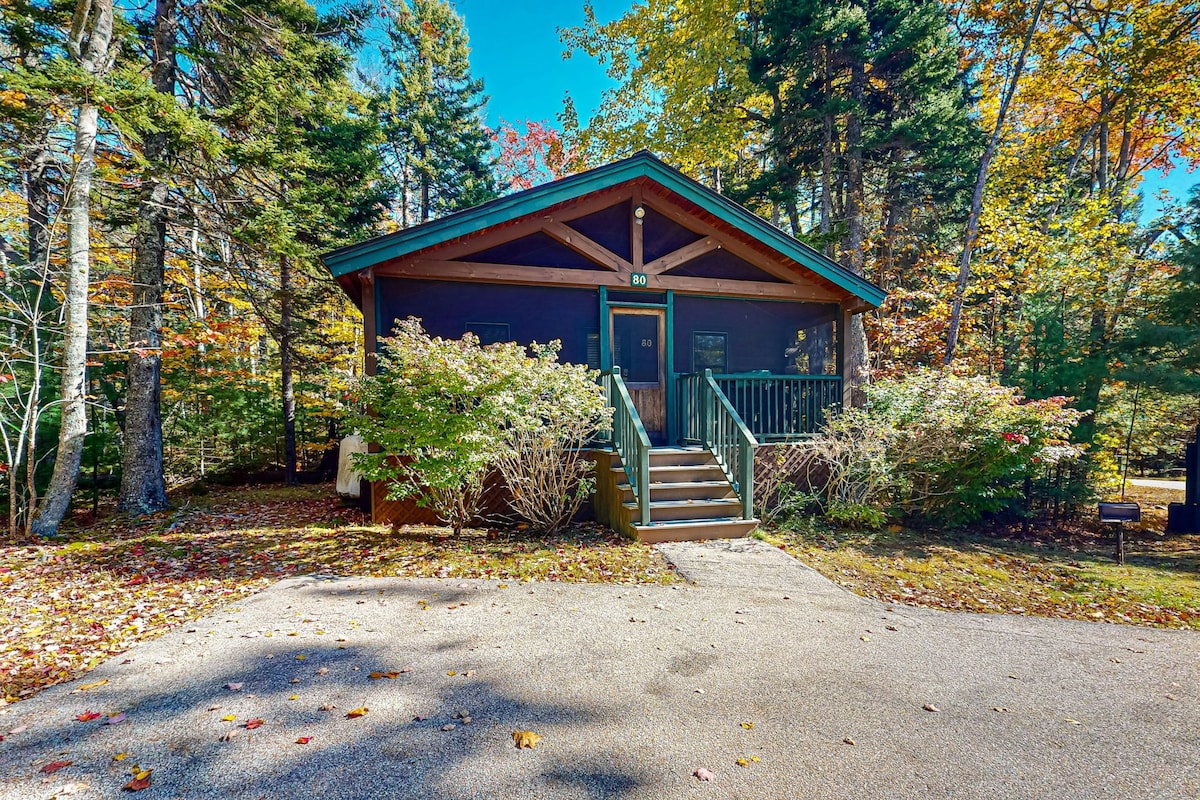 A charming cabin exterior is surrounded by lush trees and autumn foliage. The entrance features a set of steps leading to a wooden porch, complemented by a peaked roof and decorative beams. A gravel driveway is visible in front, highlighting the peaceful natural setting.