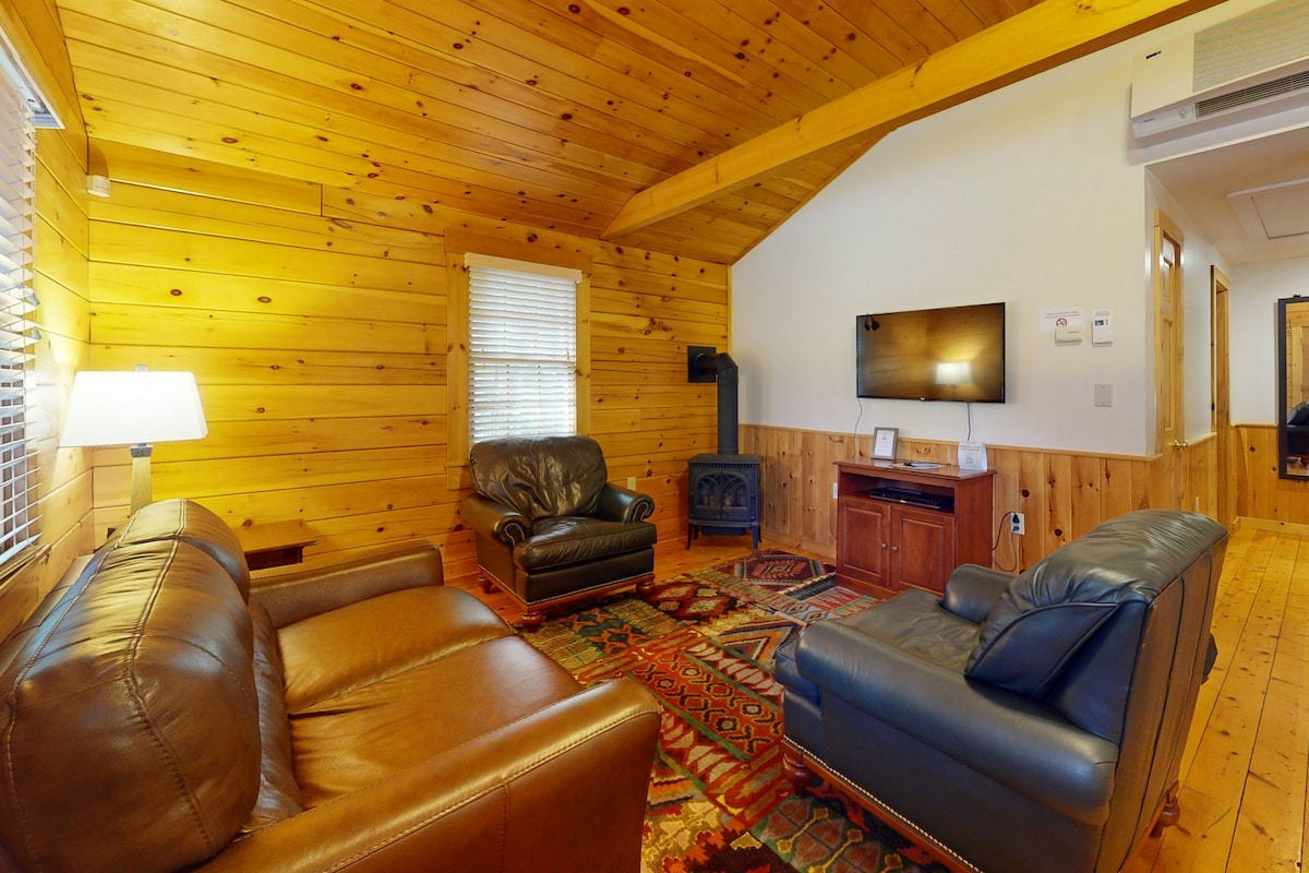 A cozy living area features wooden walls and ceiling, accented by a patterned area rug. Two leather sofas are arranged for comfort, with a flat-screen television mounted on the wall. A gas fireplace is located in the corner, providing warmth and a focal point in the space.