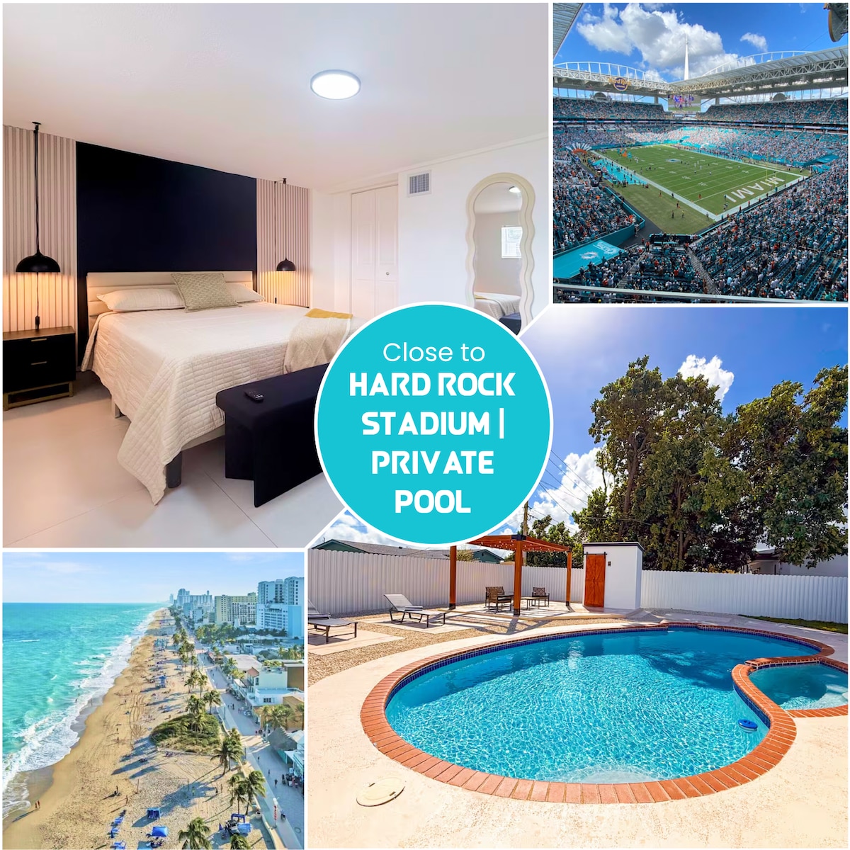 A spacious bedroom is highlighted by a large bed with neutral bedding and modern lamps on each side. The surrounding area features a clean, minimalist design. Other images showcase a panoramic view of a packed stadium, a private pool nestled amid greenery, and a beautiful beach with soft waves lapping the shore.