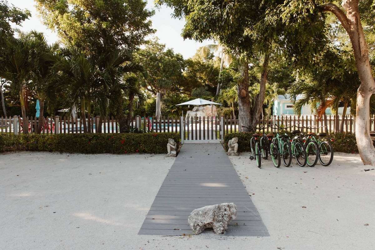 A sandy pathway leads through a lush garden setting, flanked by tropical trees and a wooden fence. In the foreground, multiple green bicycles are parked beside a natural rock, inviting outdoor exploration. A shaded area with seating is visible in the background.