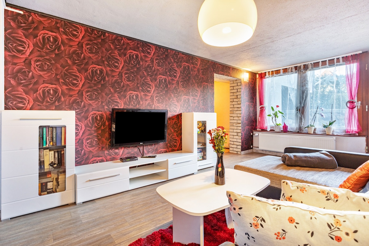 A vibrant living room features a rose-patterned accent wall, complemented by a large window with colorful curtains that allow natural light to enter. A modern TV unit and bookshelves are present, along with a cozy sofa and a decorative coffee table with a vase of flowers.