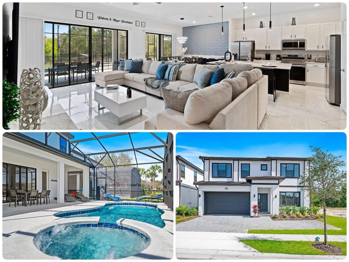 A bright and airy living space features a large sectional sofa, a coffee table, and contemporary kitchen elements. Expansive glass doors offer views of the outdoor patio, while modern fixtures and a neutral color palette create a welcoming environment.
