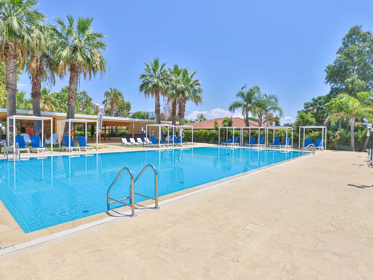 A large swimming pool is surrounded by palm trees, with sun loungers arranged along the poolside. Clear blue water reflects the sunny sky, while a patio area is visible in the background, providing additional outdoor seating options.