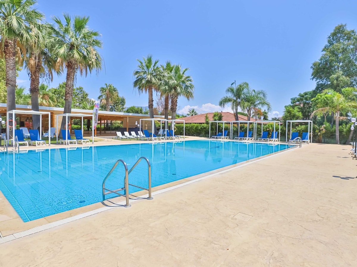 An outdoor semi-Olympic swimming pool is surrounded by palm trees and equipped with lounge chairs. The clear water reflects the blue sky, while several shade structures are positioned nearby. A spacious deck area provides ample room for relaxation and leisure activities.