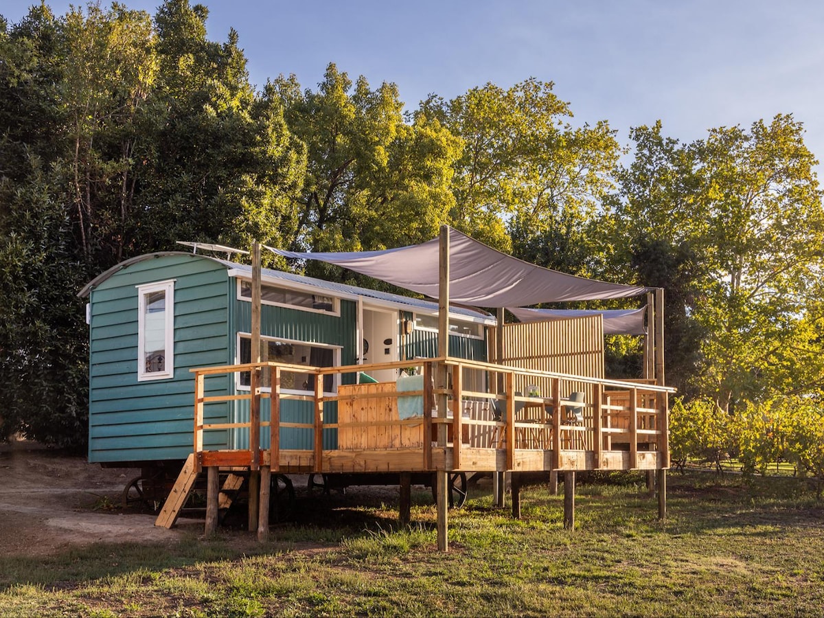A charming shepherd's hut is depicted with a wooden deck and a shaded seating area, surrounded by lush greenery. The exterior features a calming blue hue and large windows, allowing natural light to enhance the inviting ambiance.