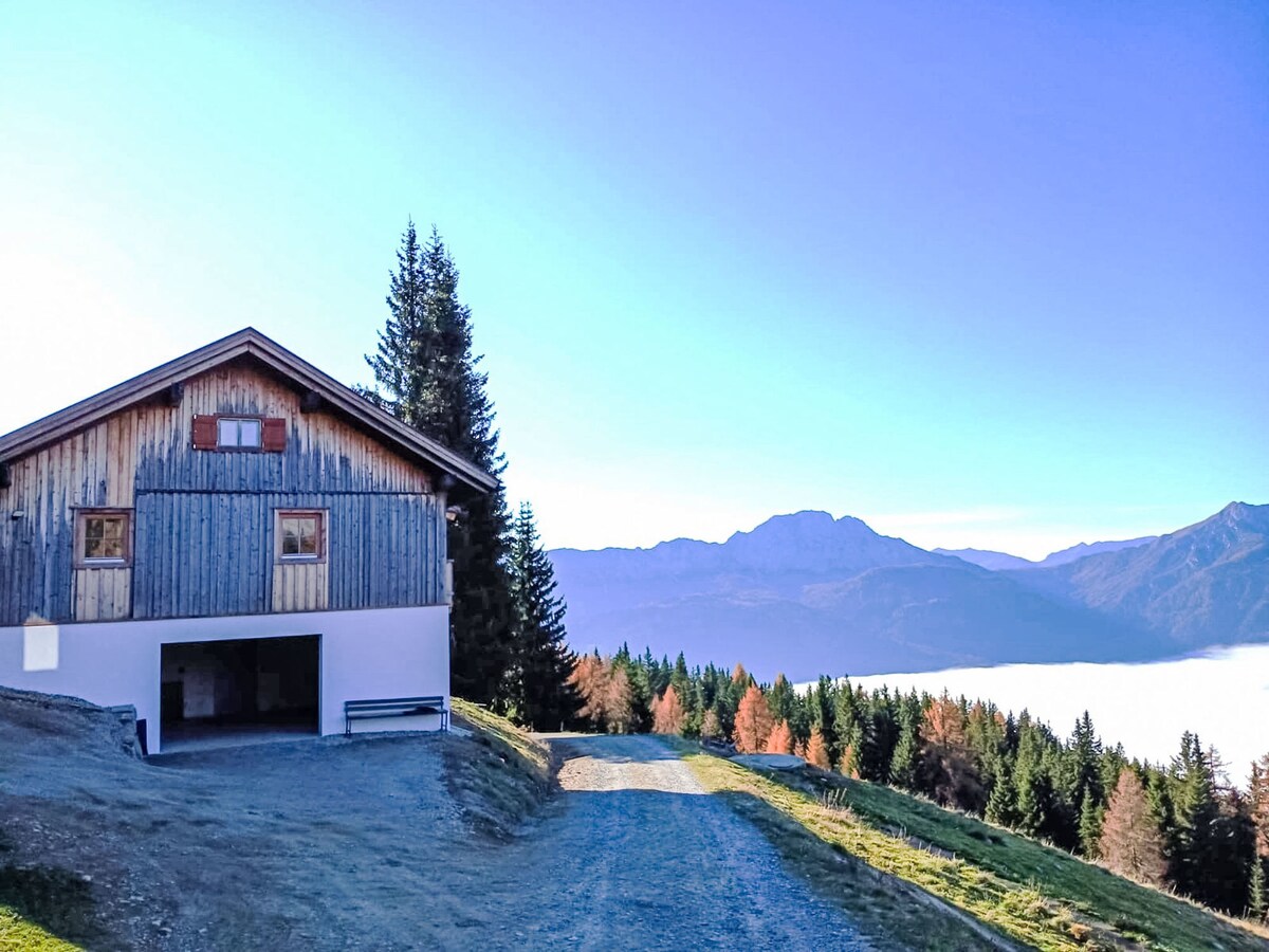 The chalet is set against a backdrop of mountains, with sleek wooden siding and large windows. The outdoor area features a gravel driveway leading to the entrance, surrounded by lush greenery and towering trees. A clear blue sky enhances the peaceful atmosphere.
