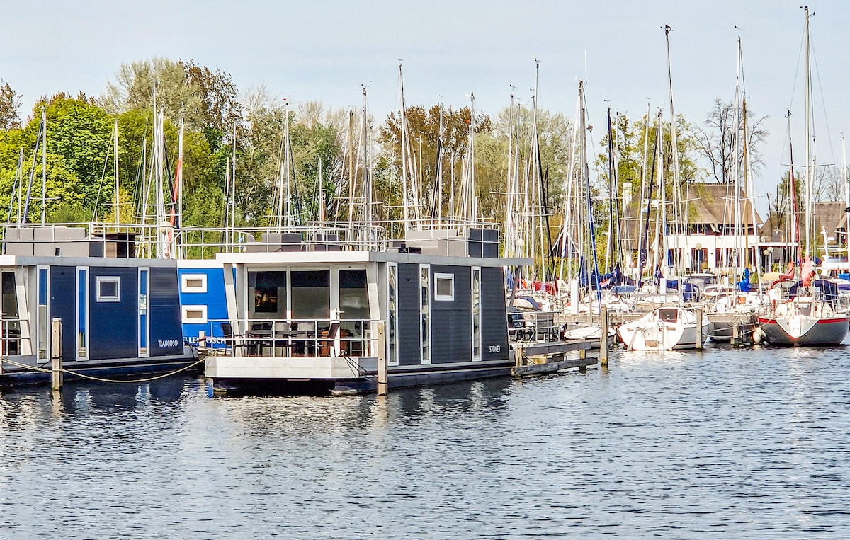 A cluster of modern houseboats is docked in the peaceful harbour, surrounded by lush greenery and various sailing boats. The exterior showcases sleek lines and large windows, reflecting the serene waters. The atmosphere conveys a relaxed setting ideal for enjoying time by the water.