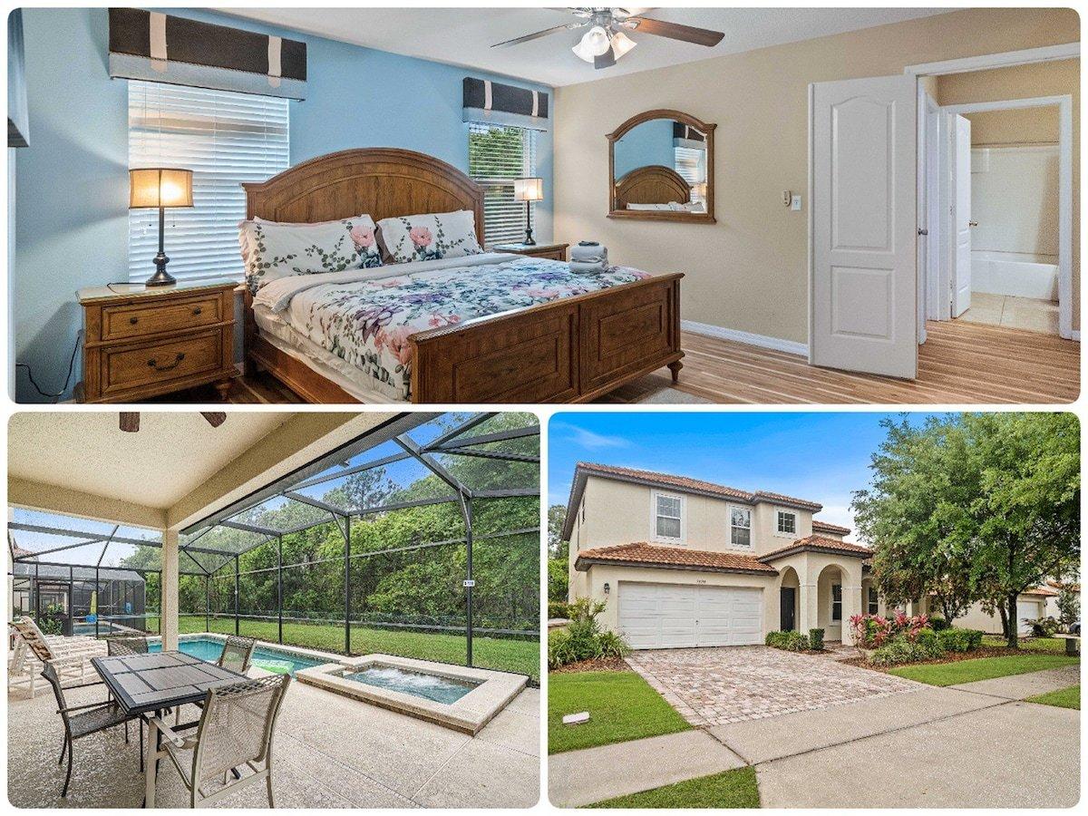 A serene bedroom features a wooden bed framed with floral bedding and a decorative mirror. Adjacent, the outdoor area presents a screened patio with a table and chairs near a pool and spa. The home's exterior is showcased, highlighting a driveway bordered by lush greenery.