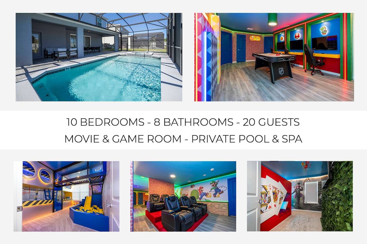 The image displays a private pool surrounded by a lanai, showcasing clear blue water beneath a screened enclosure. Adjacent areas feature a vibrant game room with colorful decor, including a pool table. Comfortable seating is arranged in the theater area, creating inviting spaces for fun and relaxation.
