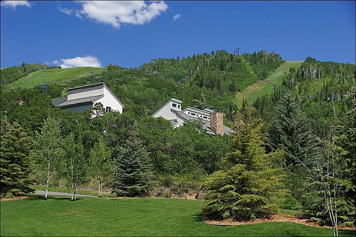 The exterior of the chalet is visible amidst a lush landscape, framed by a mix of evergreen trees and green hills. The two-story structure blends harmoniously with the natural surroundings, highlighted by a clear blue sky overhead.