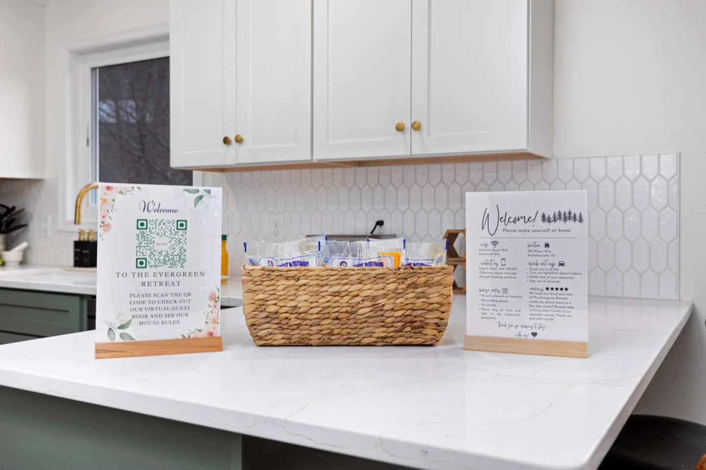 Check the QR code the second you walk in and every house detail you need is right there. The welcome basket's stocked with a few snacks in