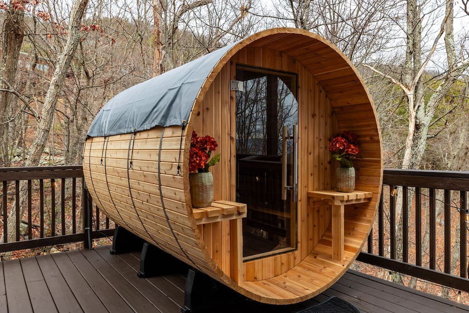 Step into the barrel sauna and give it fifteen minutes