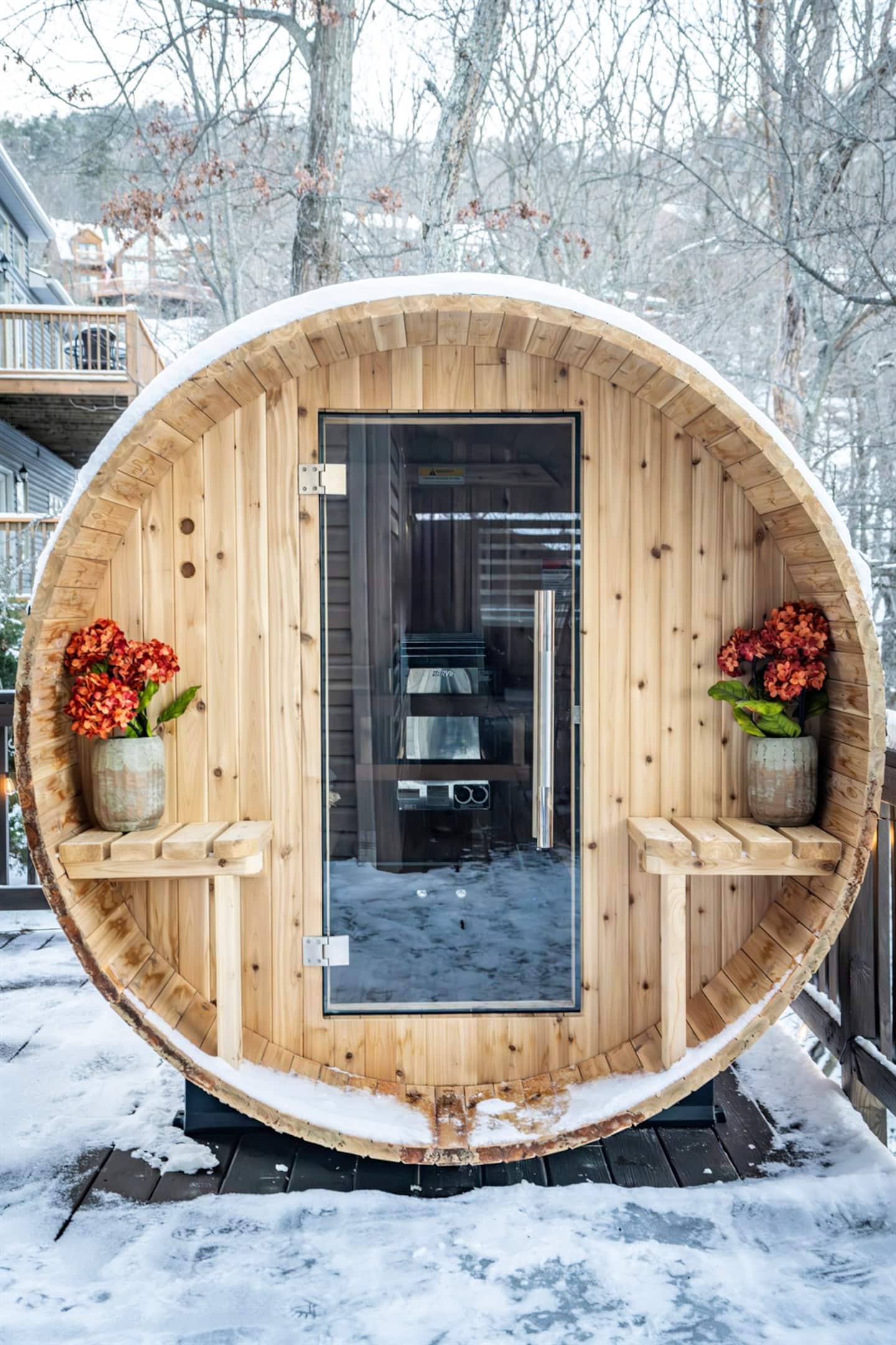 Sit in the sauna and stay warm even with snow on the ground outside. Step back out into the cold after if you're brave enough.