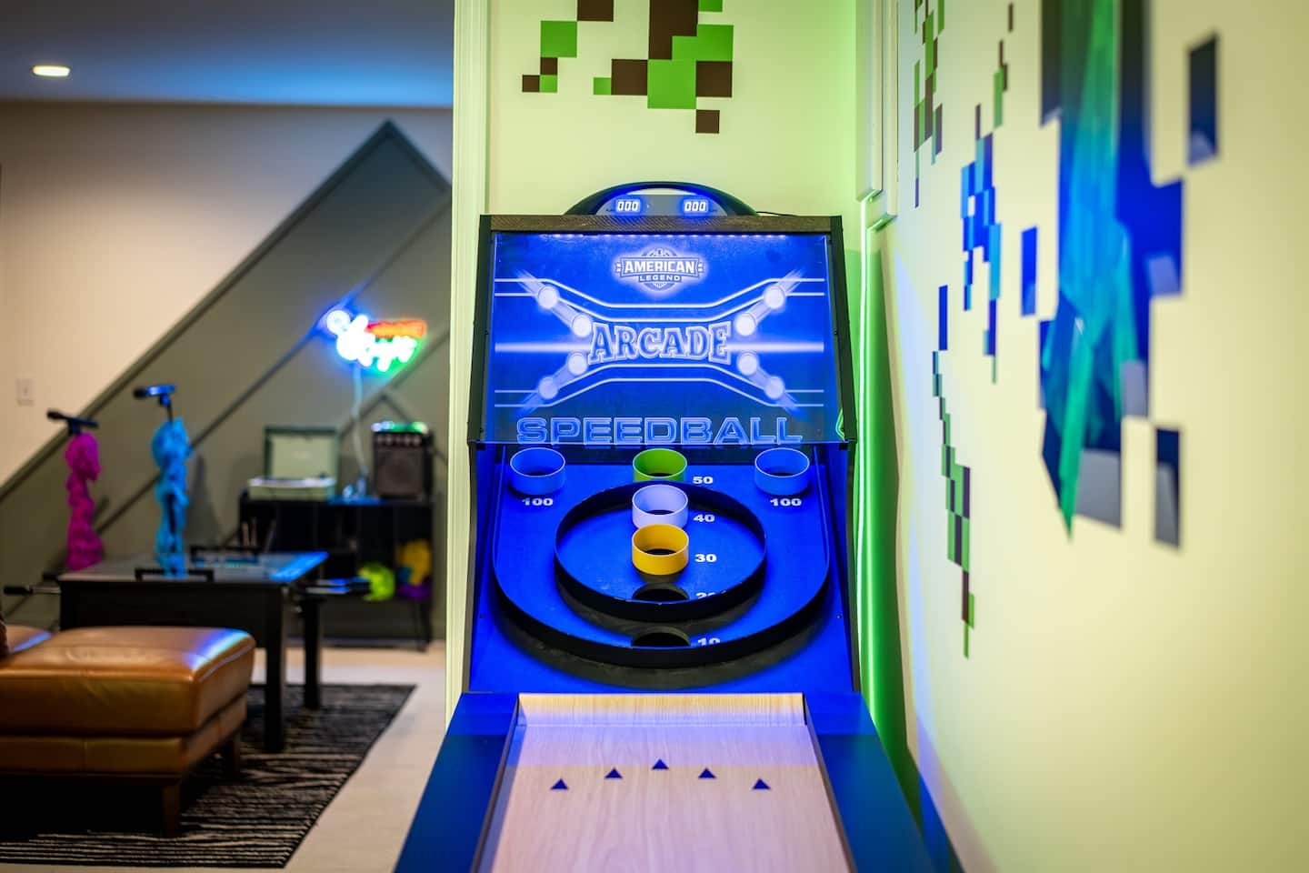 Roll a few balls down the skee-ball machine before someone else claims it. This corner stays busy from lunch straight through bedtime.