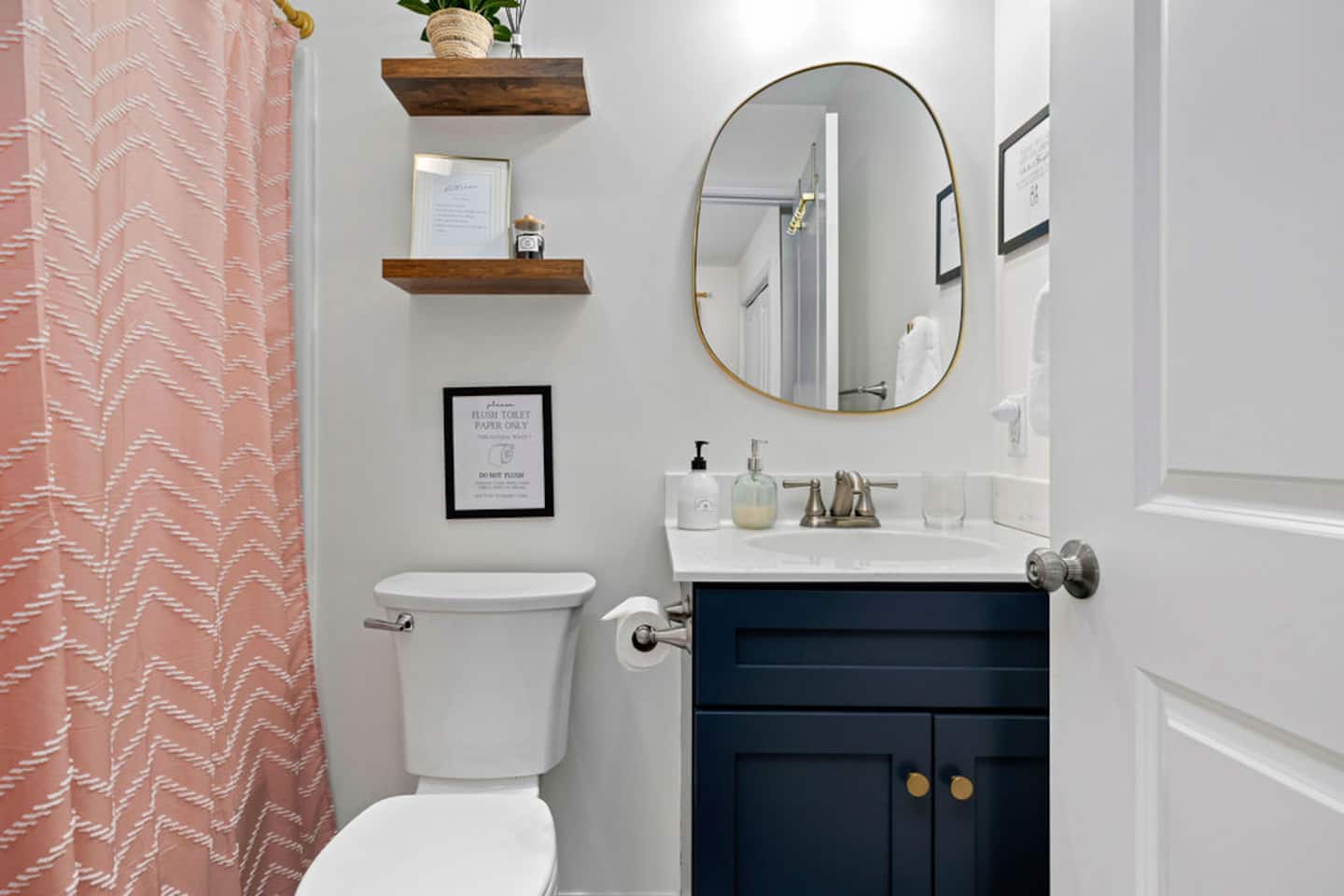 Skip the hallway bathroom entirely, this one's attached straight to the first-floor master. Everything you need is already on the counter.