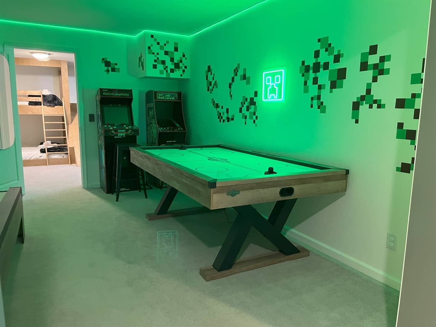 Trade wins on air hockey best two out of three, loser racks the pool table next door. Follow the hallway back and you're at the bunk room.
