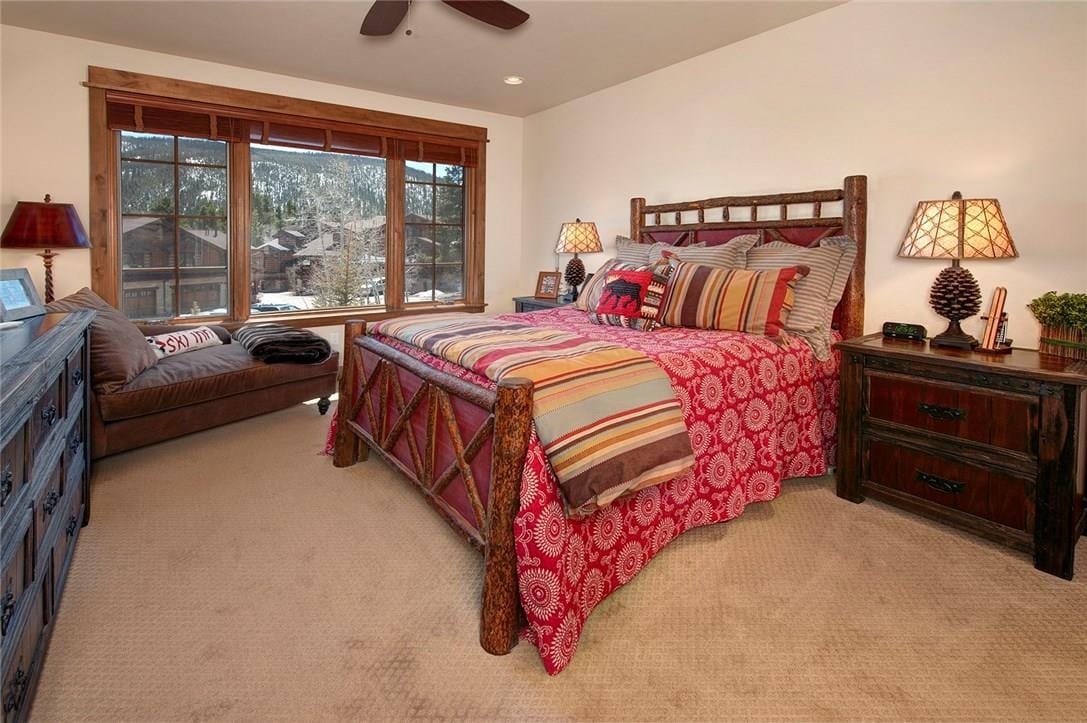 חדר שינה ראשי עם מיטת קווין סייז, טלוויזיה וחדר רחצה צמוד. 