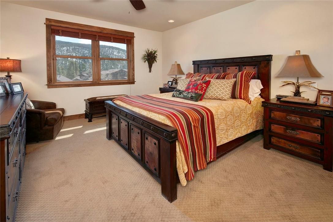 חדר שינה ראשי עם מיטת קווין סייז וטלוויזיה. 