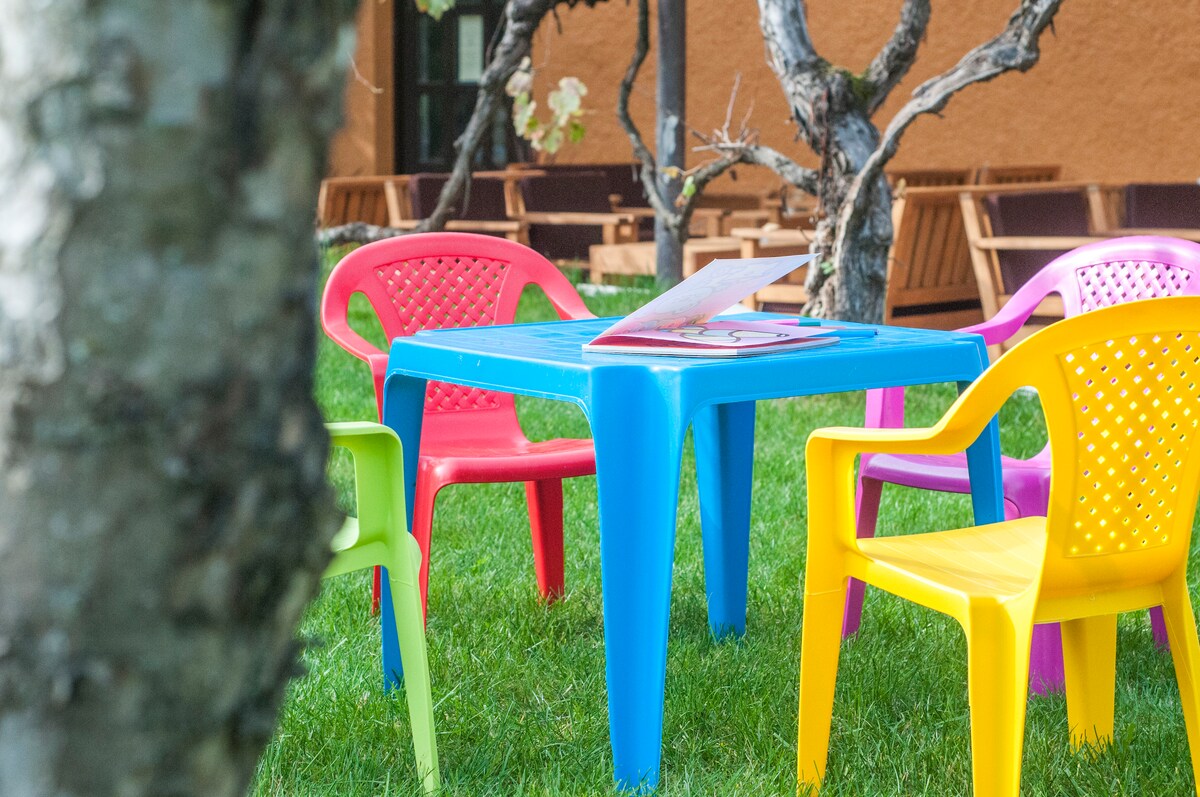 A table is surrounded by brightly colored plastic chairs in a garden setting. The vibrant blue table contrasts with the pink, green, and yellow chairs. Grass surrounds the area, providing a playful and inviting space for relaxation or dining.