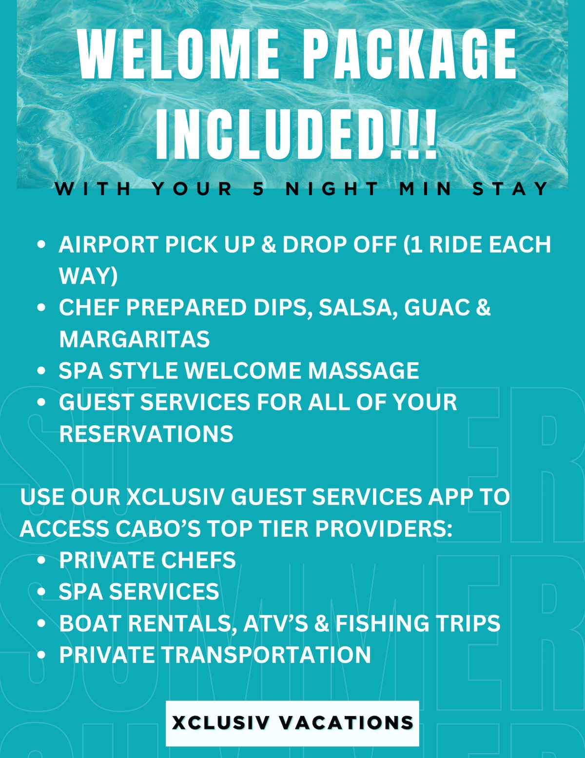 An informational flyer outlines the welcome package benefits for guests. It highlights services such as airport transportation, chef-prepared meals, spa massages, and guest services, presented in a clear, organized format with bullet points for easy reading.